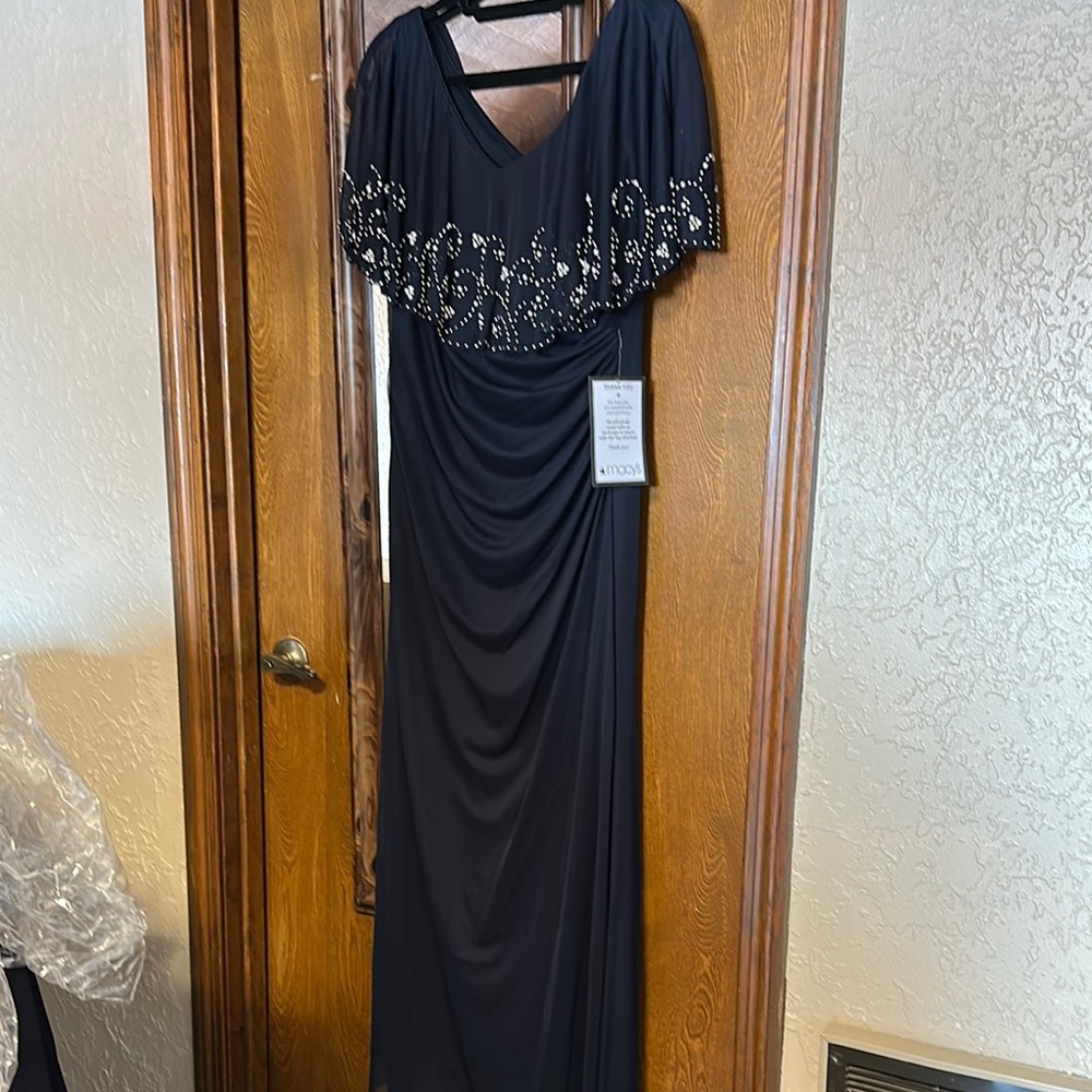 Betsy & Adam Blue Ruched Embellished Gown